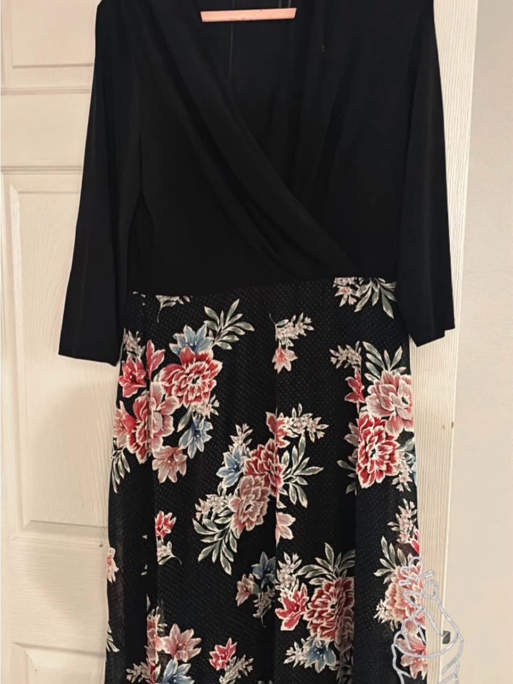 Leslie Fay Black Maxi Dress with Pink and Blue Floral Skirt